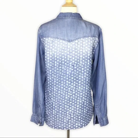 Cloth & Stone | Blue Chambray White Printed Long Sleeve Button Front Shirt S - Picture 3 of 7